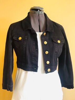 Black Cropped Denim Jacket with Gold Buttons - Women